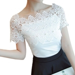 Mulheres luva Lace Patchwork blusa Casual Shoulder Off Top Sexy Curto Blusa branca Ladies Verão ocas Blusas Elegant