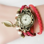 Mulheres Meninas Moda Handmade retro pulseira de couro Decoração relógio de pulso de quartzo Folha