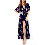 Mulheres Moda elegante Impresso Flower Dress Sexy V-neck corte Chiffon Praia saia longa