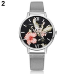 Mulheres Moda Flor Imprimir Rodada Dial Quartz Relógio De Pulso Alloy Band Wristwatch