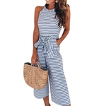 Mulheres Moda Magro Belted Sexy Striped mangas Jumpsuit Rodada roupa pescoço