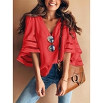 Mulheres moda V-neck Tipo solto Gauze costura Top Style Blusa Único