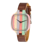 Mulheres Multicolor Square Bamboo Dial Faux Leather Strap Relógio De Pulso De Quartzo Analógico