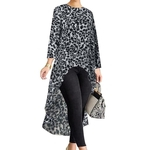 Mulheres nova forma camisetas Irregular Hem longo camiseta leopardo Hem soltas manga comprida Rodada Neck Todos Matched mulheres Camisetas Casual Tops