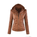 Mulheres PU Jacket manga comprida Zipper Leather casaco com capuz Outwear moda