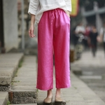 Mulheres Retro Algodão Linho Nona Pants Sobre o tamanho da cor sólida solto perna larga Calças Casual