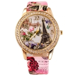 Mulheres Rhinestone Embutidos Flor Rodada Dial Faux Leather Band Quartz Relógio De Pulso