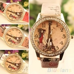 Mulheres Rhinestone Torre Eiffel Dial Flor Impresso Faux Leather Band Relógio De Pulso