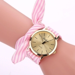 Mulheres Stripe Floral Cloth Quartz Dial pulseira rel¨®gio de pulso Assista Rosa