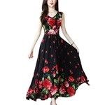 Mulheres Summer Fashion Elegant Chic Flower Impressão Cintura Fina mangas longas A-Line Vestido