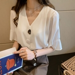 Mulheres Verão elegante decote em V chiffon blusa solta de manga curta Único Breasted Camisa