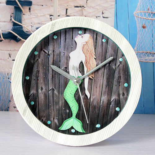 Mute Quartz Relógio Despertador, Mermaid Retro Rodada Relógio de madeira, pequena secretária silencioso Tempo Clocks Home Office Decoração