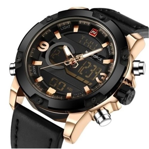 Naviforce* 9097 Relógio Masculino Aço Inox Digital Couro Genuíno (Dourado/Preto)