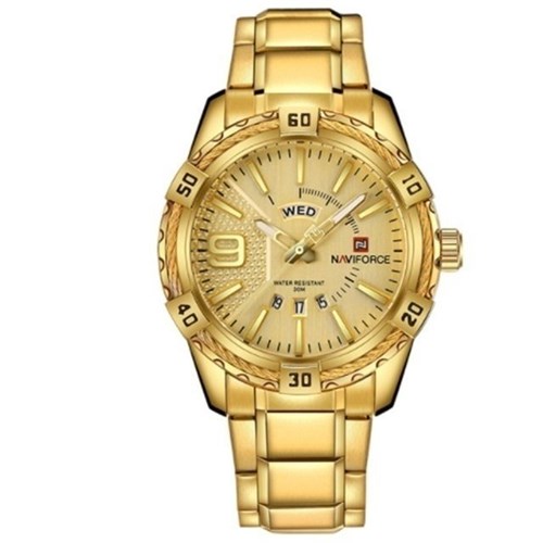 Naviforce* 9117 Relógio Masculino Aço Inox Analógico Calendar (Dourado)