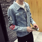 Homens Forma Badge Denim Vintage Jacket Brasão Manga Comprida