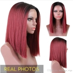 Middle Part 2 Tones Ombre Burgundy Wine Red Bob Cut Style Straight Synthetic Hair Lace Front Wig 16 Inch Natural Ombre Cosplay Wigs
