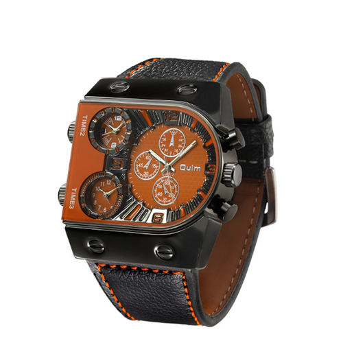 Oulm Man`s Moda Veja com 3 Movimento Quartz Dial pulseira de couro laranja --HP9315