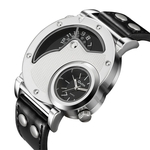 Relógio de pulseira de couro Oulm `s Dual Time Zona caixa de aço inoxidável Leather Strap Watch