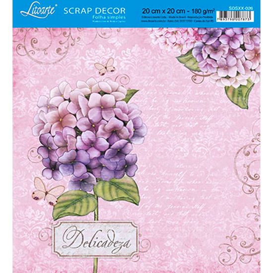 Papel Scrap Decor Folha Simples 20x20 Hortênsia Delicadeza SDSXX-026 - Litoarte