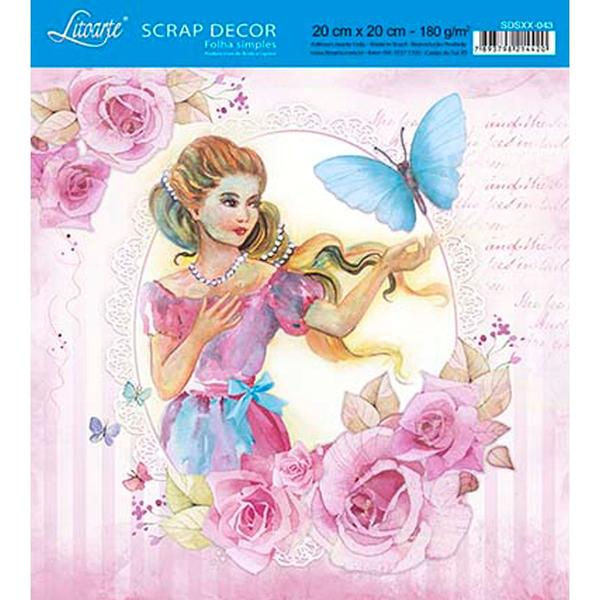 Papel Scrap Decor Folha Simples 20x20 Mulher com Borboleta SDSXX-043 - Litoarte - Litoarte