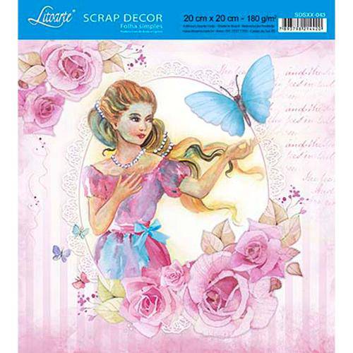 Papel Scrap Decor Folha Simples 20x20 Mulher com Borboleta Sdsxx-043 - Litoarte