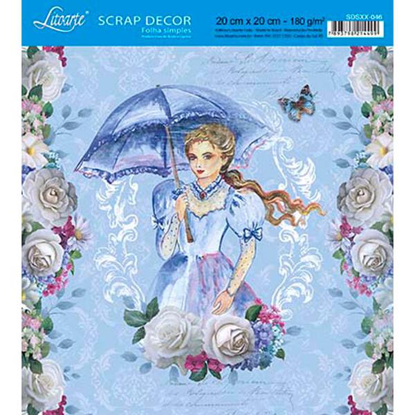 Papel Scrap Decor Folha Simples 20x20 Mulher com Guarda-Chuva SDSXX-046 - Litoarte - Litoarte