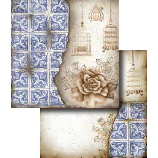 Papel Scrapbook Litocart 30,5x30,5 LSCD-254 Gaiolas Bege e Azul