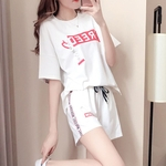 2pcs / set Mulher Summer Fashion Casual Suit Sports manga curta T-shirt + short calças largas