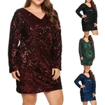 Plus Size Noite Festa Mulheres Lantejoulas Brilhantes V Pescoço Manga Longa Mini Vestido