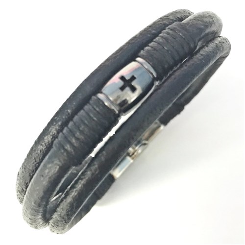 Pulseira de Cruz Couro Preto (17cm)