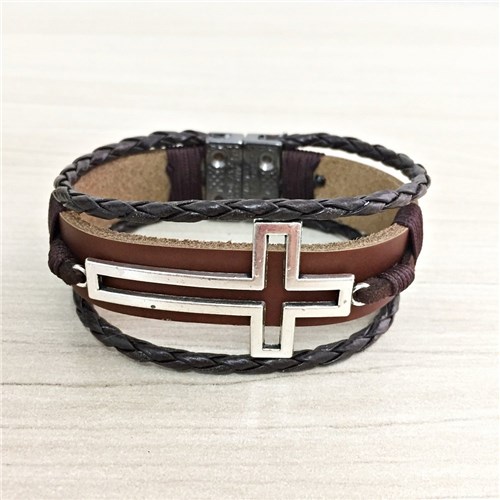 Pulseira Masculina Couro Cruz