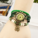 Quartz tecer em torno Couro Clover Bracelet Lady Mulher rel¨®gio de pulso GN