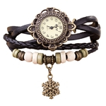 Quartz tecer em torno de couro Snowflake Pulseira Lady Mulher rel¨®gio de pulso BK