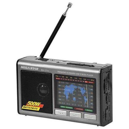 Radio Mega Star RX-7711 AM/FM MP3 USB TF-Card Recarregavel Prata