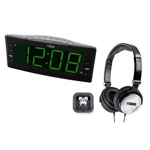 Rádio-relógio Digital FM, 2 Alarmes e Saída USB + Kit C/ 2 Fones de Ouvido - NAXA