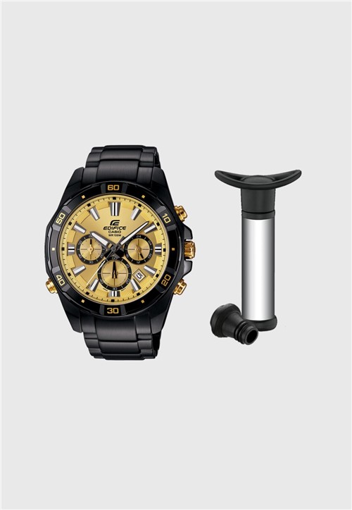 Relógio de Pulso Masculino Edifice C/ Pulseira em Aço Inoxidável + Acessório para Vinho Preto/Dourado