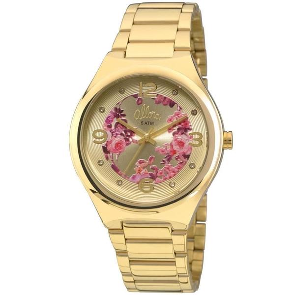 Relógio Allora Feminino Dourado Mostrador Floral e Strass Ref. Al2035faf/4d