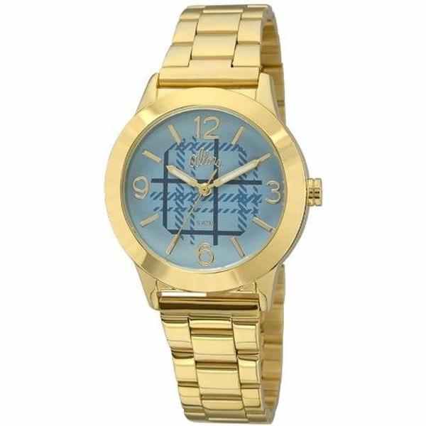 Relógio Allora Feminino Xadrez Azul Dourado Ref. Al2035fbq/4a