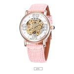 Relógio, automático E A Corda, Feminino Mecânico,fundo branco/dourado, pulseira em couro Rosa, modelo 9352