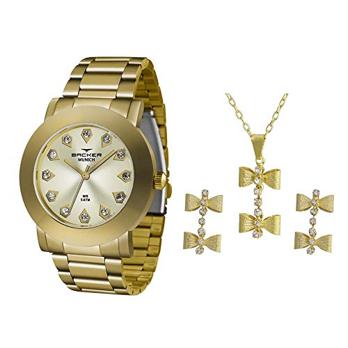 Relógio Backer Feminino Ref: 120290043f Ch Dourado + Semijóia