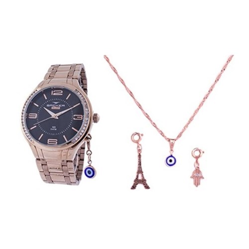 Relógio Backer Kit Feminino Rosé Pingente 106060058Pr