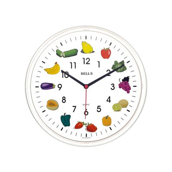 Relógio Bells Branco Desenho Frutas Borda Branca, Diam 25,8 Cm