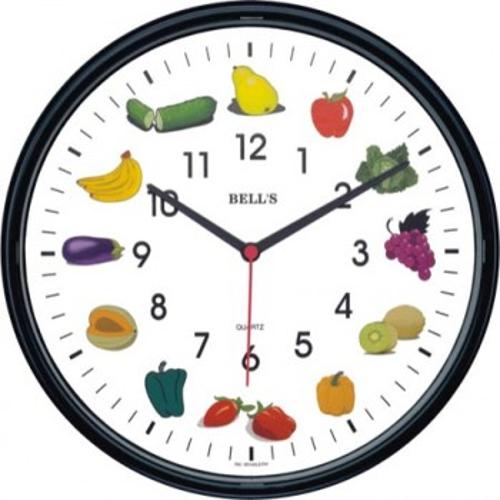 Relógio Bells Branco, Desenho Frutas Borda Branca,  Diam 25,8 Cm