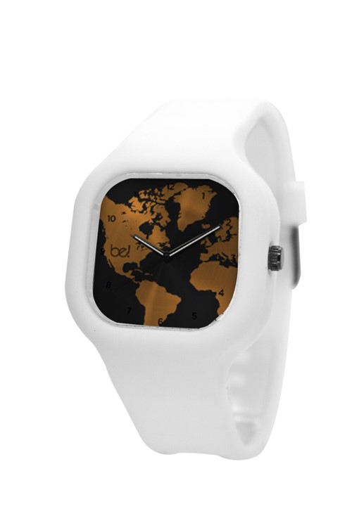 Relógio Bewatch Mapa Mundi Dourado Pulseira Silicone Branco