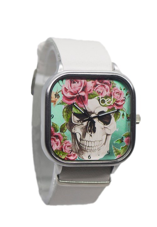 Relógio Bewatch Pulseira de Couro Branco Caveira Floral