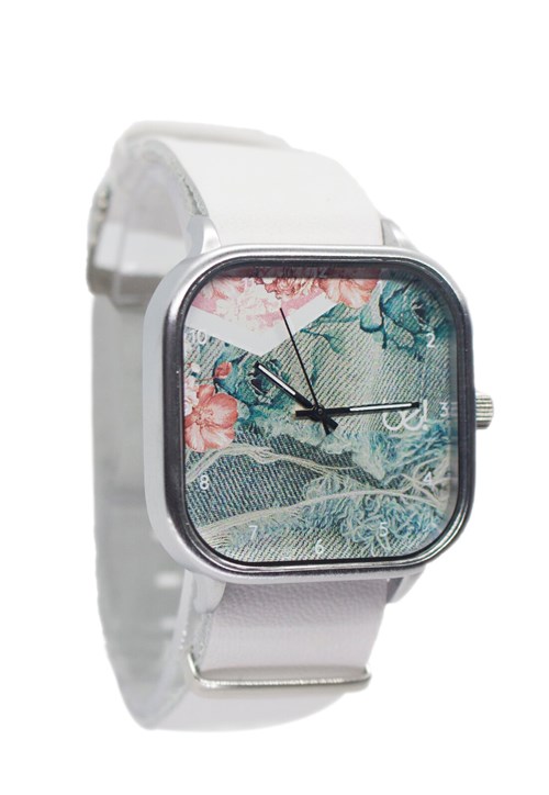 Relógio Bewatch Pulseira de Couro Branco Jeans Floral