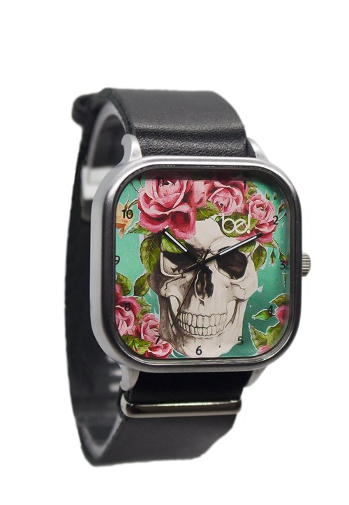 Relógio Bewatch Pulseira de Couro Preta Caveira Floral