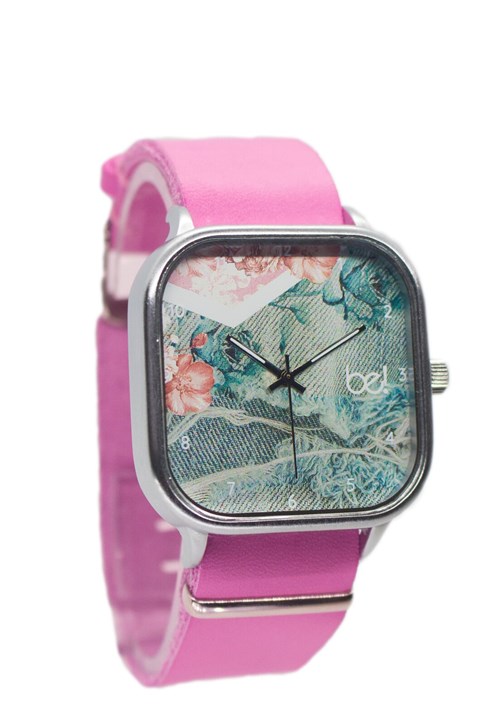 Relógio Bewatch Pulseira de Couro Rosa Jeans Floral