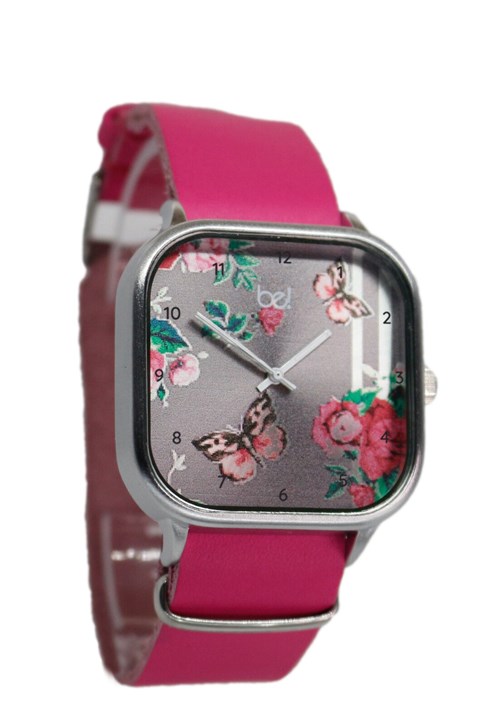 Relógio Bewatchoficial Borboleta Floral Pulseira de Couro Pink