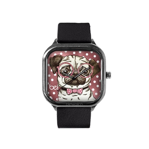 Relógio Bewatchoficial Pug Pulseira de Couro Preto